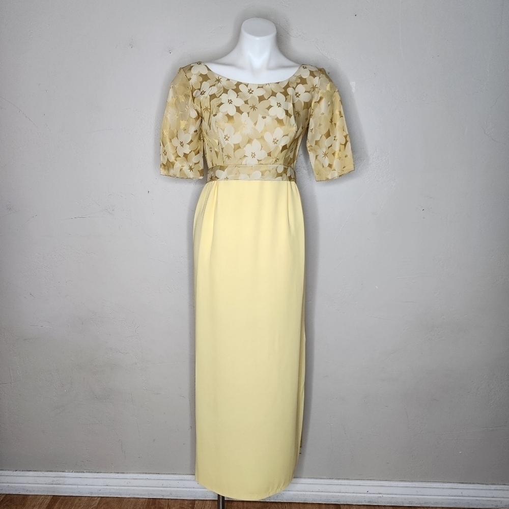 Stunning Vintage Yellow and Gold Brocade and Crepe Maxi Dress With Train - Picture 9 of 17